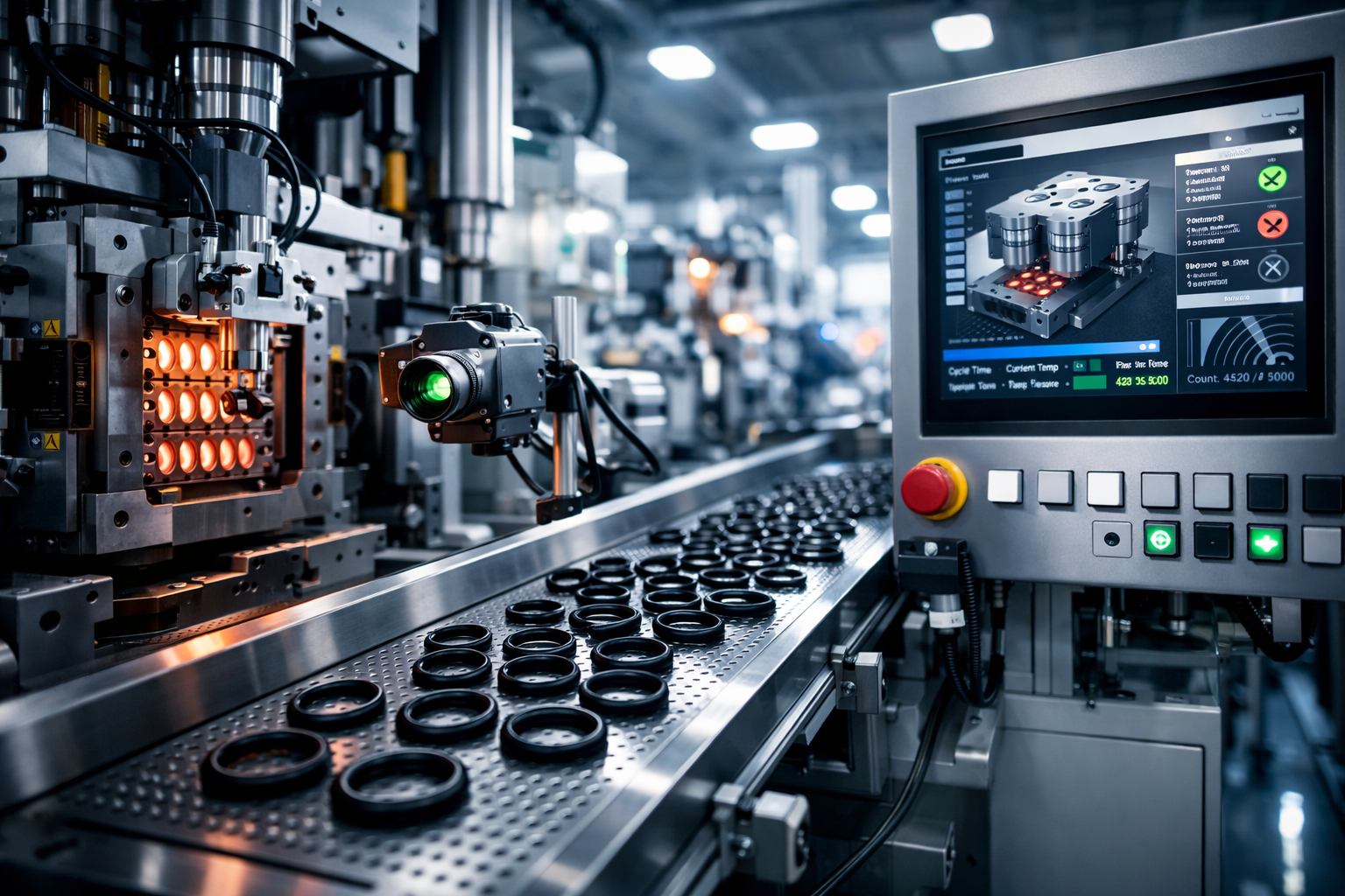 Industrial O-ring production line with molding machines