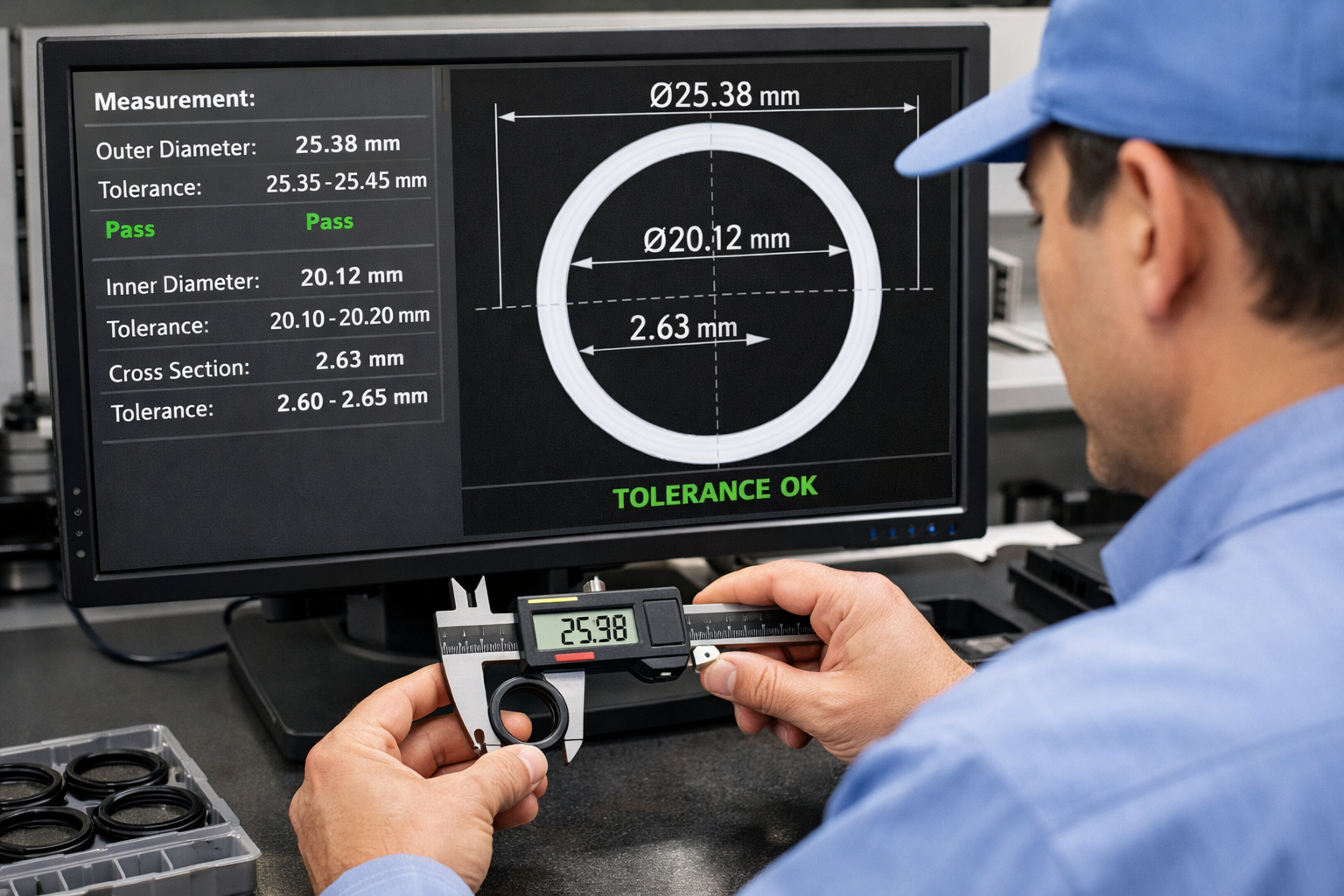 O-ring dimensional inspection using precision gauges