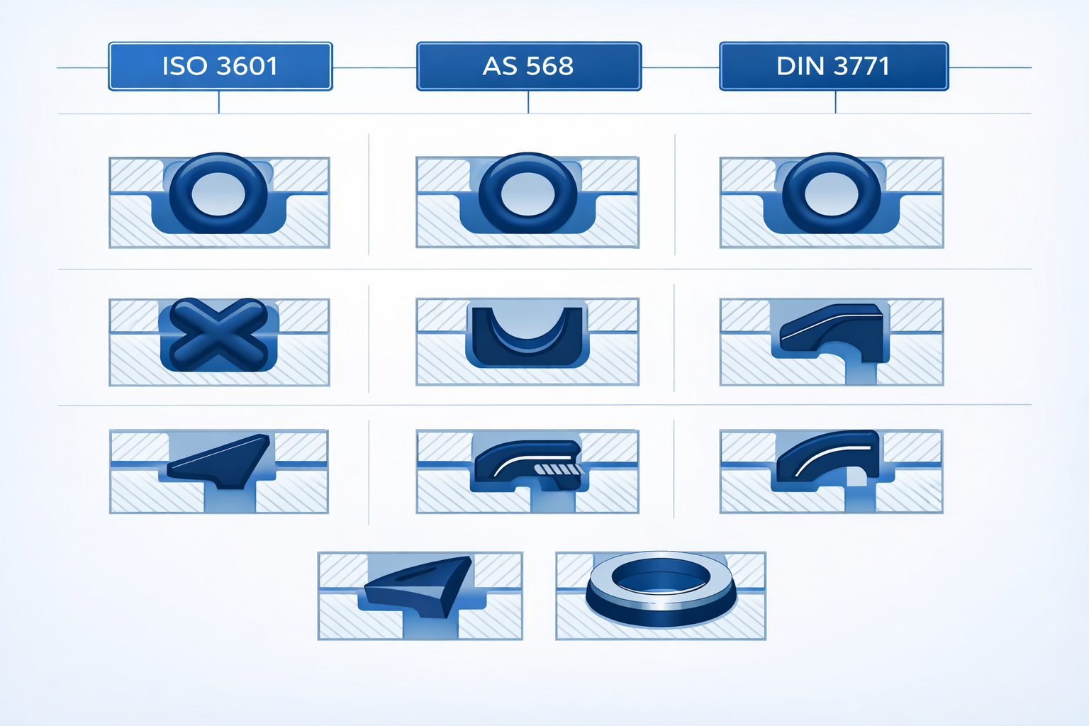 Industrial seals meeting ISO 3601, AS568, and DIN 3771 standards
