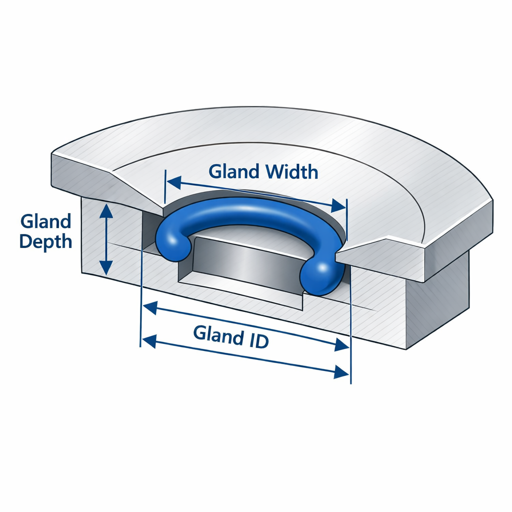 O-Ring groove design illustration showing compression and gland fill